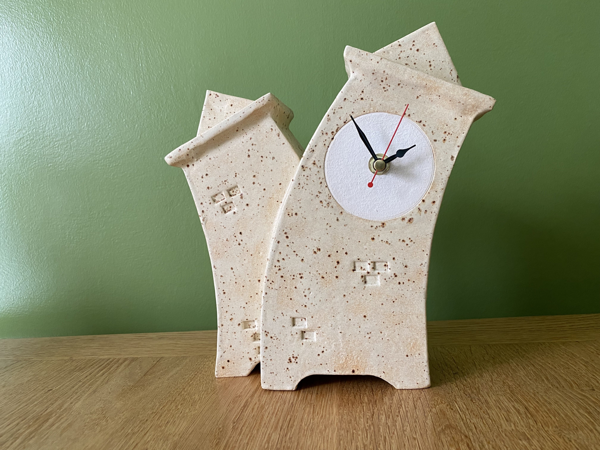 Double Ceramic Mantel Clock - Oatmeal Glaze