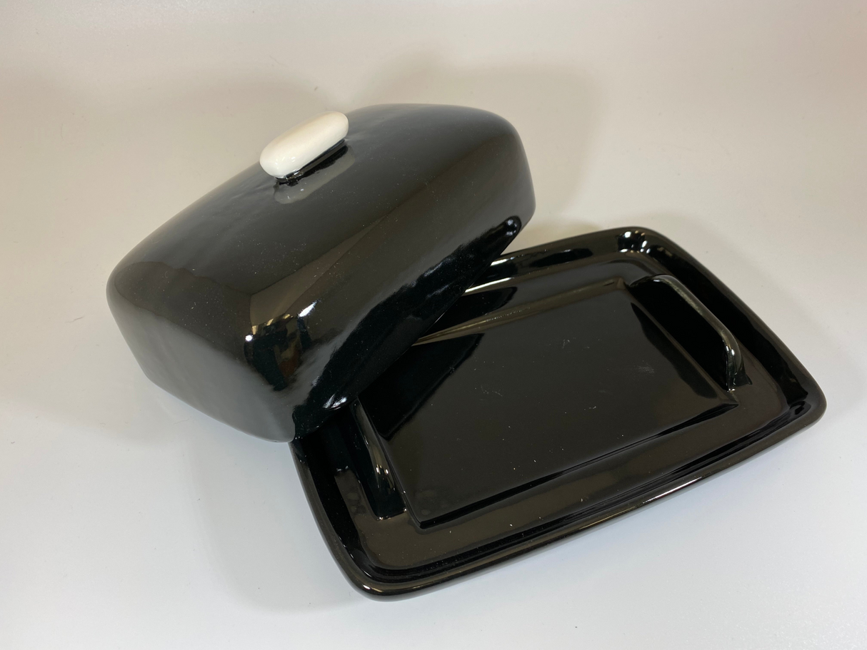 Butter Dish Jet Black Glaze with White Handle