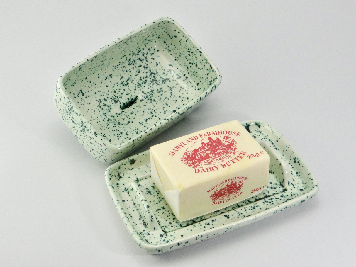 Butter Dish, Speckled Green Glaze