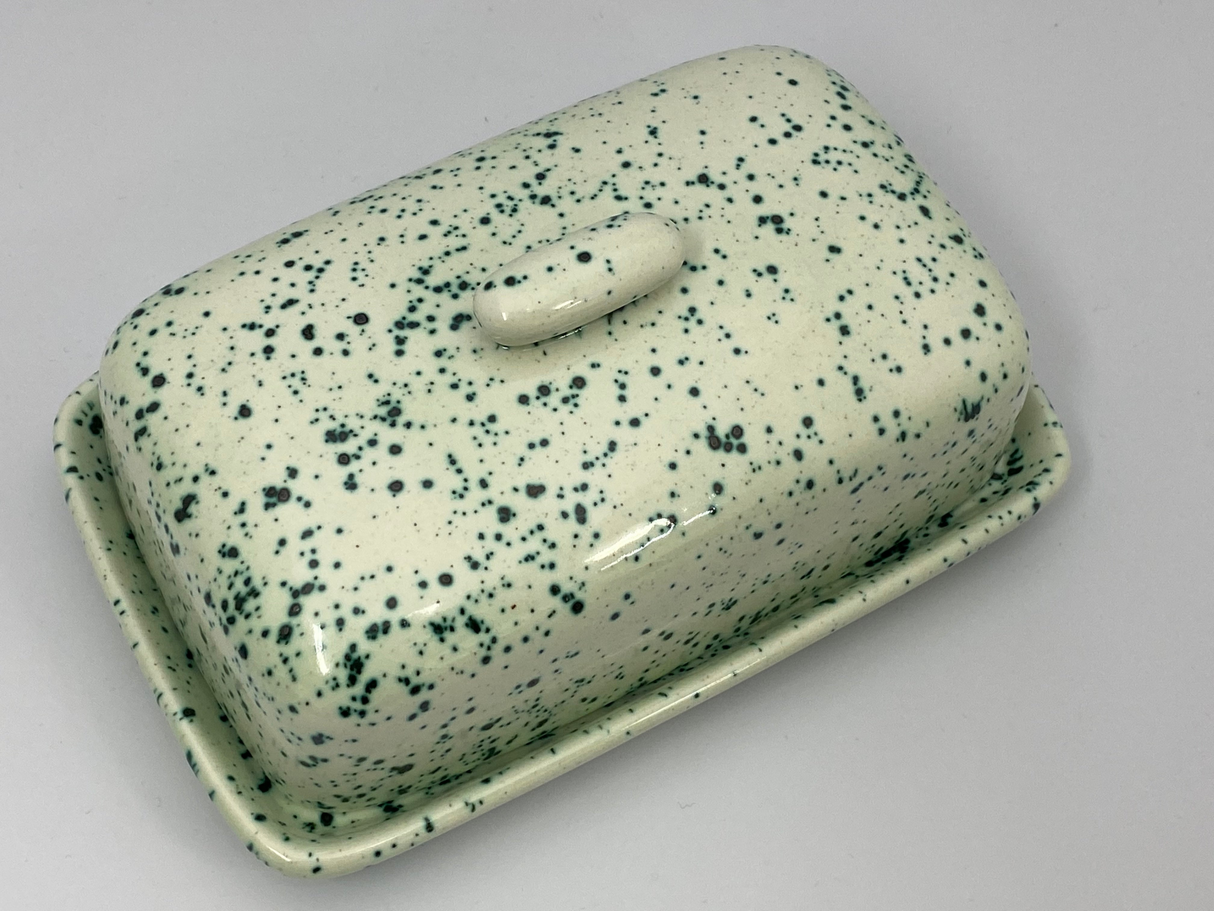 Butter Dish, Sugar Bowl, Milk Jug Set Speckled Green Glaze