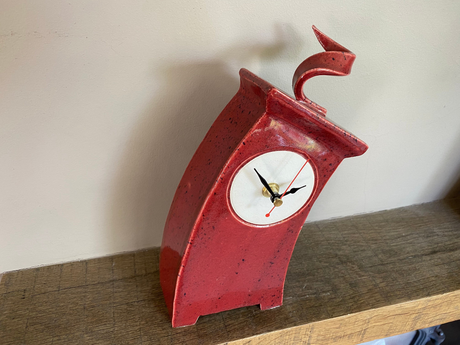 Wonky Ceramic Clock for Desk, Shelf, Mantel, Table speckled red glaze curly top