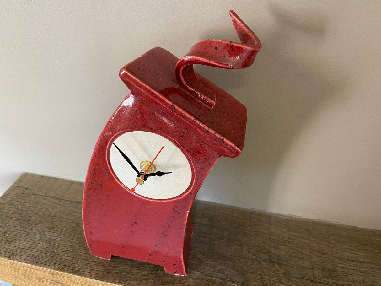 Wonky Ceramic Clock for Desk, Shelf, Mantel, Table speckled red glaze curly top