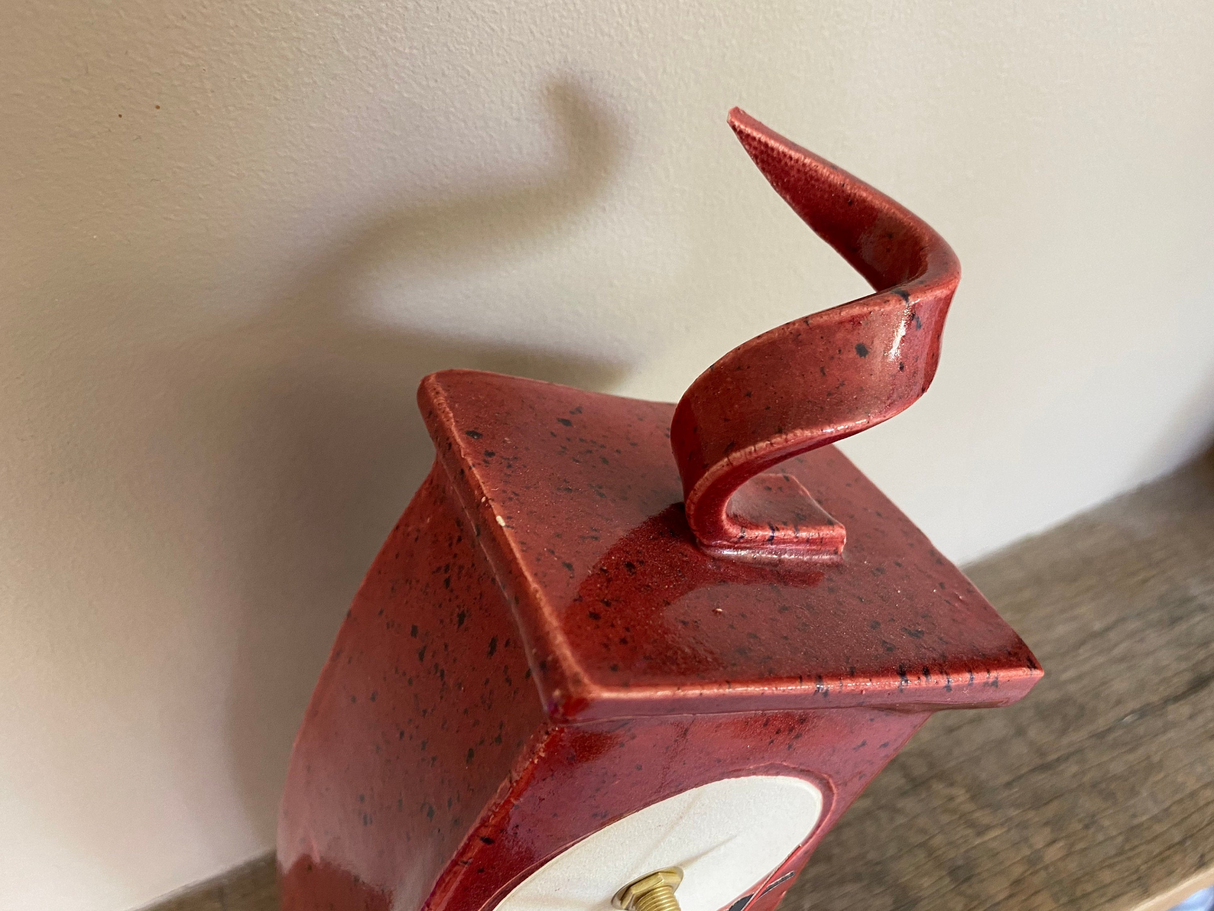 Wonky Ceramic Clock for Desk, Shelf, Mantel, Table speckled red glaze curly top