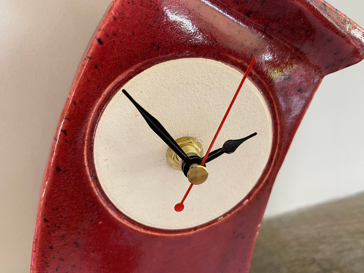 Wonky Ceramic Clock for Desk, Shelf, Mantel, Table speckled red glaze curly top