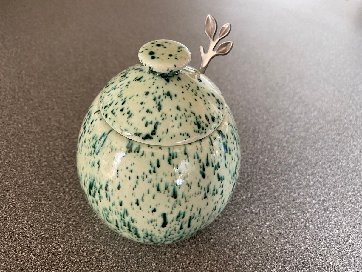 Sugar Bowl with Silver Leafy Spoon Speckled Green Glaze