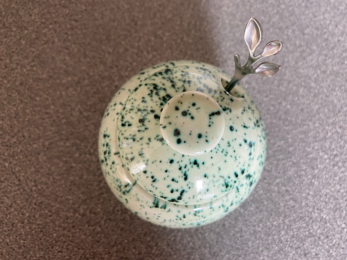 Sugar Bowl with Silver Leafy Spoon Speckled Green Glaze