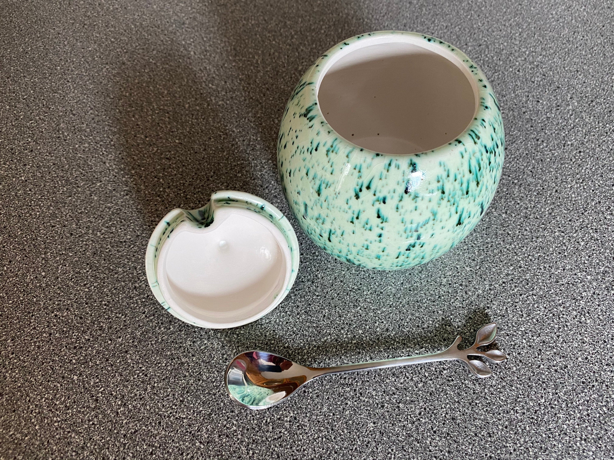 Sugar Bowl with Silver Leafy Spoon Speckled Green Glaze