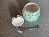 Sugar Bowl with Silver Leafy Spoon Speckled Green Glaze