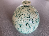 Sugar Bowl with Silver Leafy Spoon Speckled Green Glaze