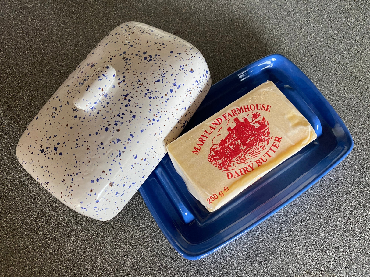 Butter Dish, Speckled Blue with Air Force Blue Dish