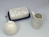 Butter Dish, Sugar Bowl, Milk Jug Set Speckled Blue Glaze