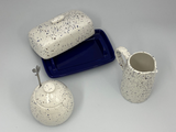 Butter Dish, Sugar Bowl, Milk Jug Set Speckled Blue Glaze