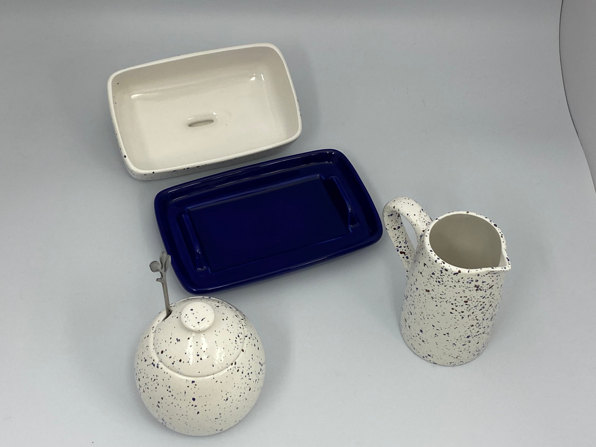 Butter Dish, Sugar Bowl, Milk Jug Set Speckled Blue Glaze