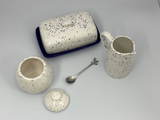 Butter Dish, Sugar Bowl, Milk Jug Set Speckled Blue Glaze