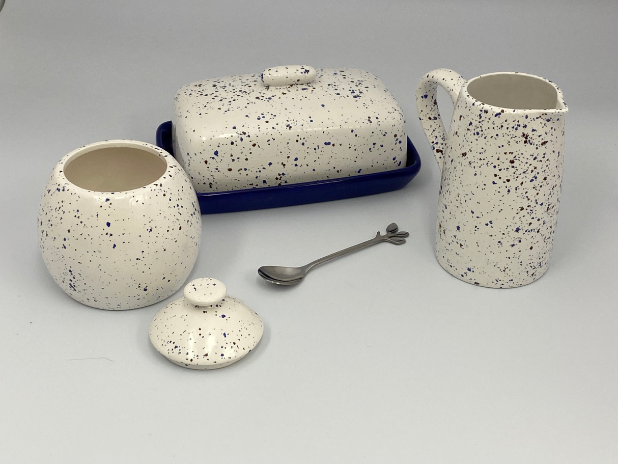 Butter Dish, Sugar Bowl, Milk Jug Set Speckled Blue Glaze