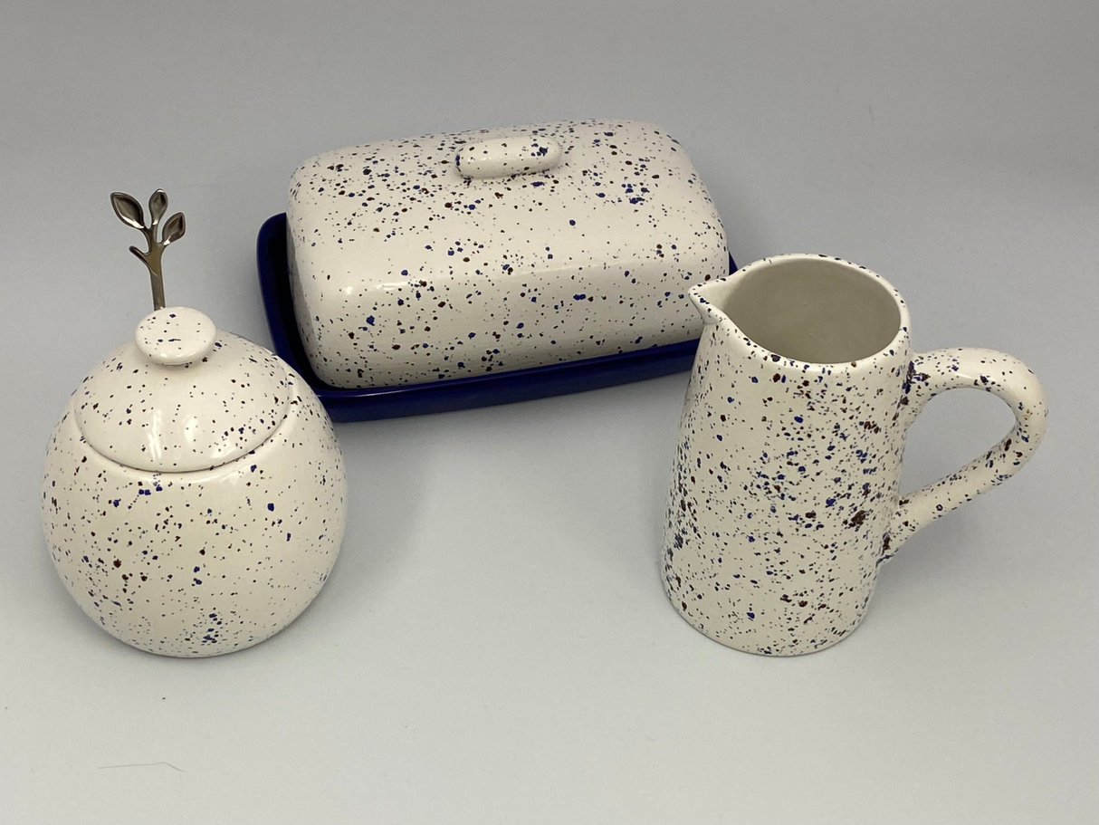 Butter Dish, Sugar Bowl, Milk Jug Set Speckled Blue Glaze