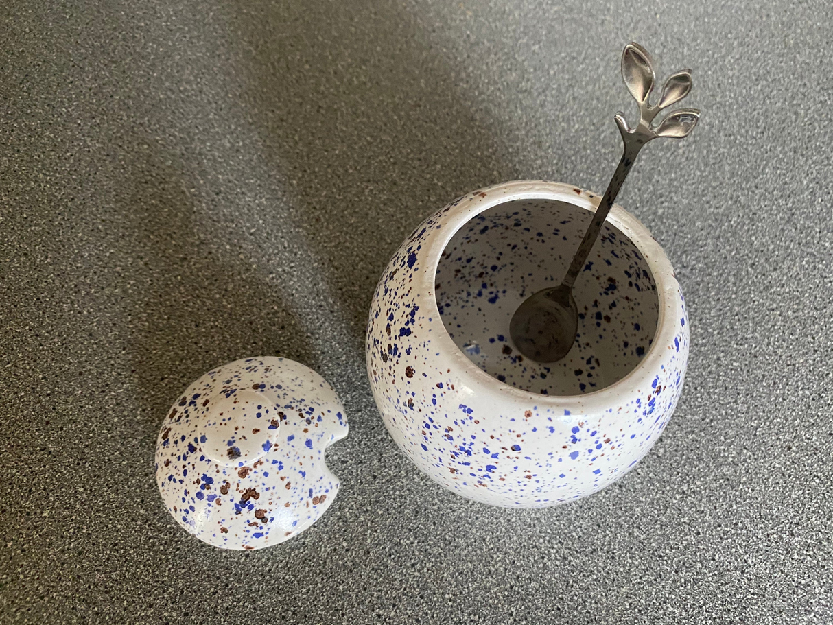 Sugar Bowl with Lid and Spoon in Speckled Blue Glaze