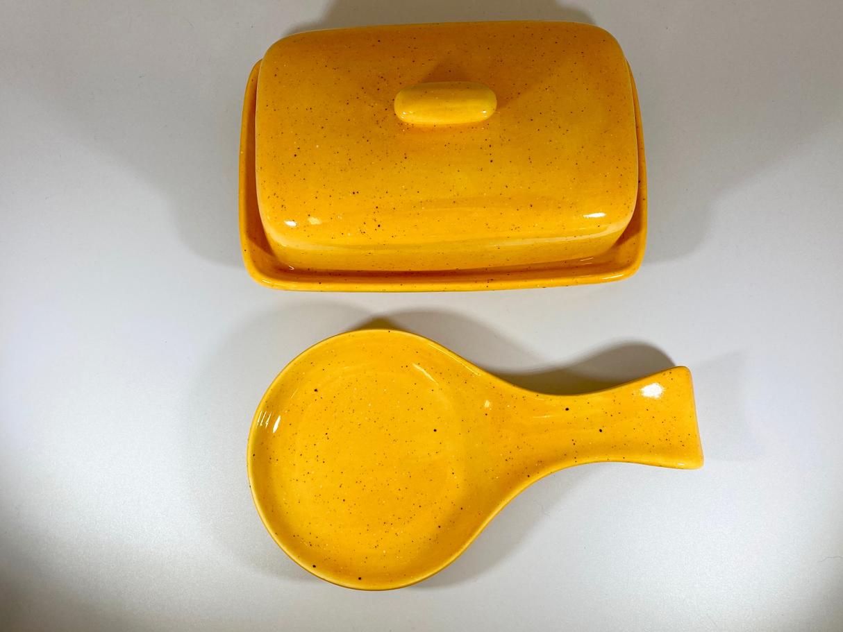 Speckled Yellow Butter Dish and Spoon Rest Set