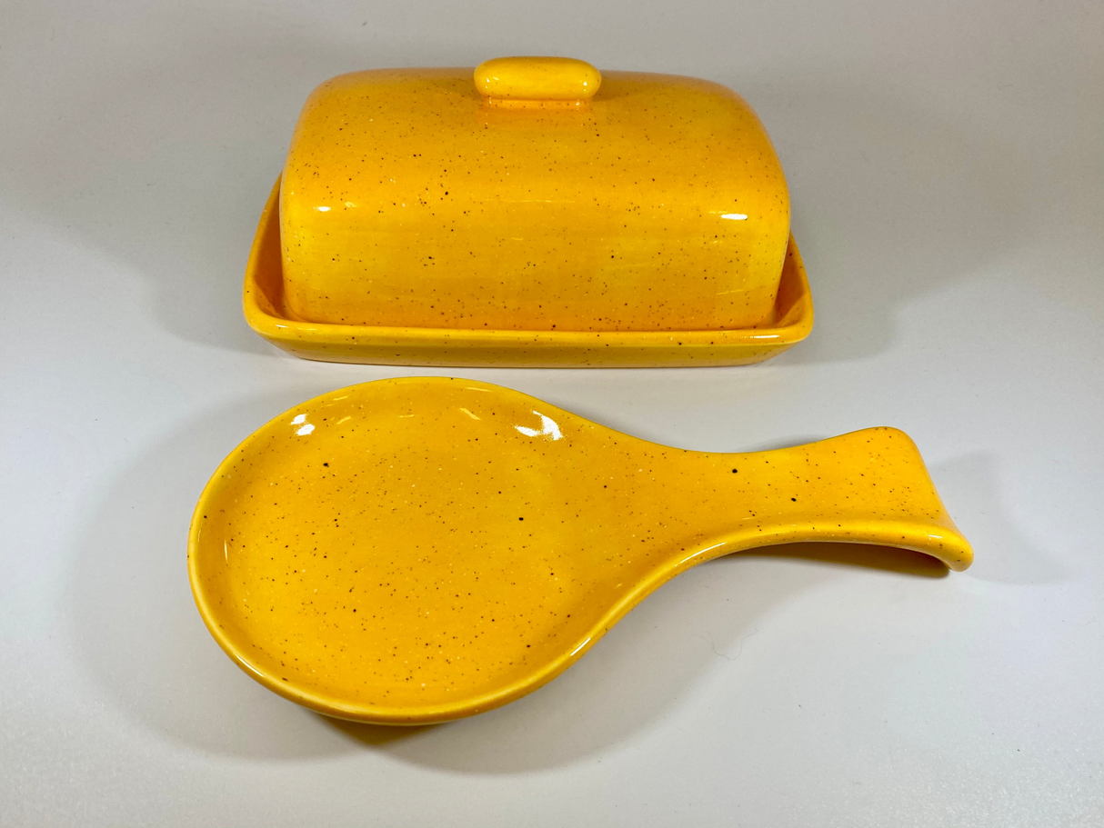 Speckled Yellow Butter Dish and Spoon Rest Set