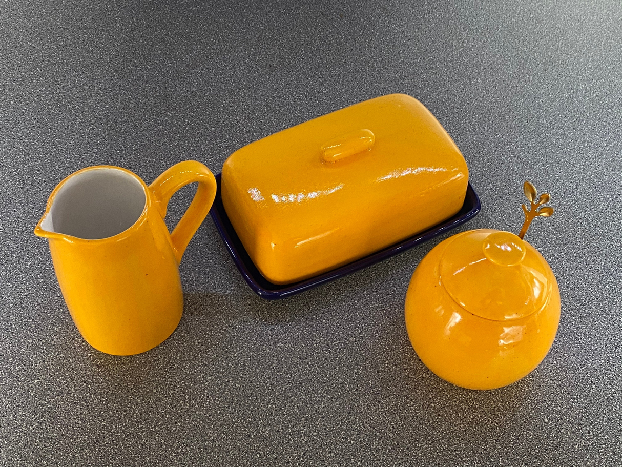 Butter Dish, Sugar Bowl and Milk Jug Set - Speckled Yellow