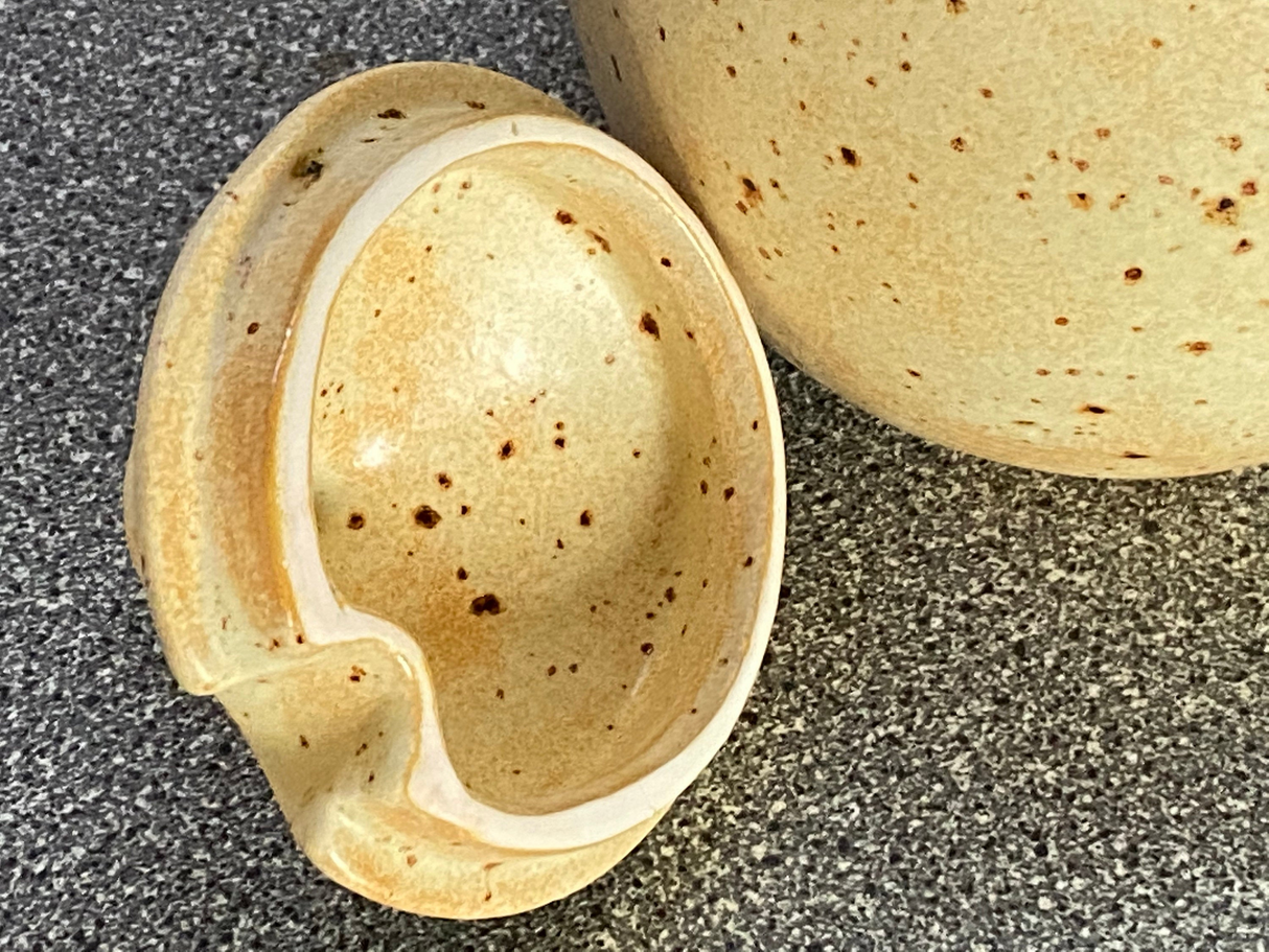 Sugar Bowl, Jam Pot, with Leafy Spoon Oatmeal Glaze