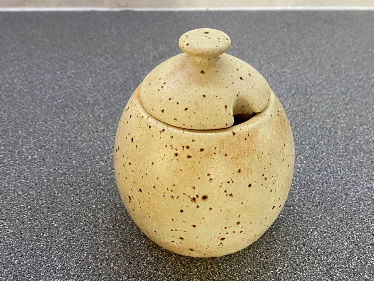 Sugar Bowl, Jam Pot, with Leafy Spoon Oatmeal Glaze