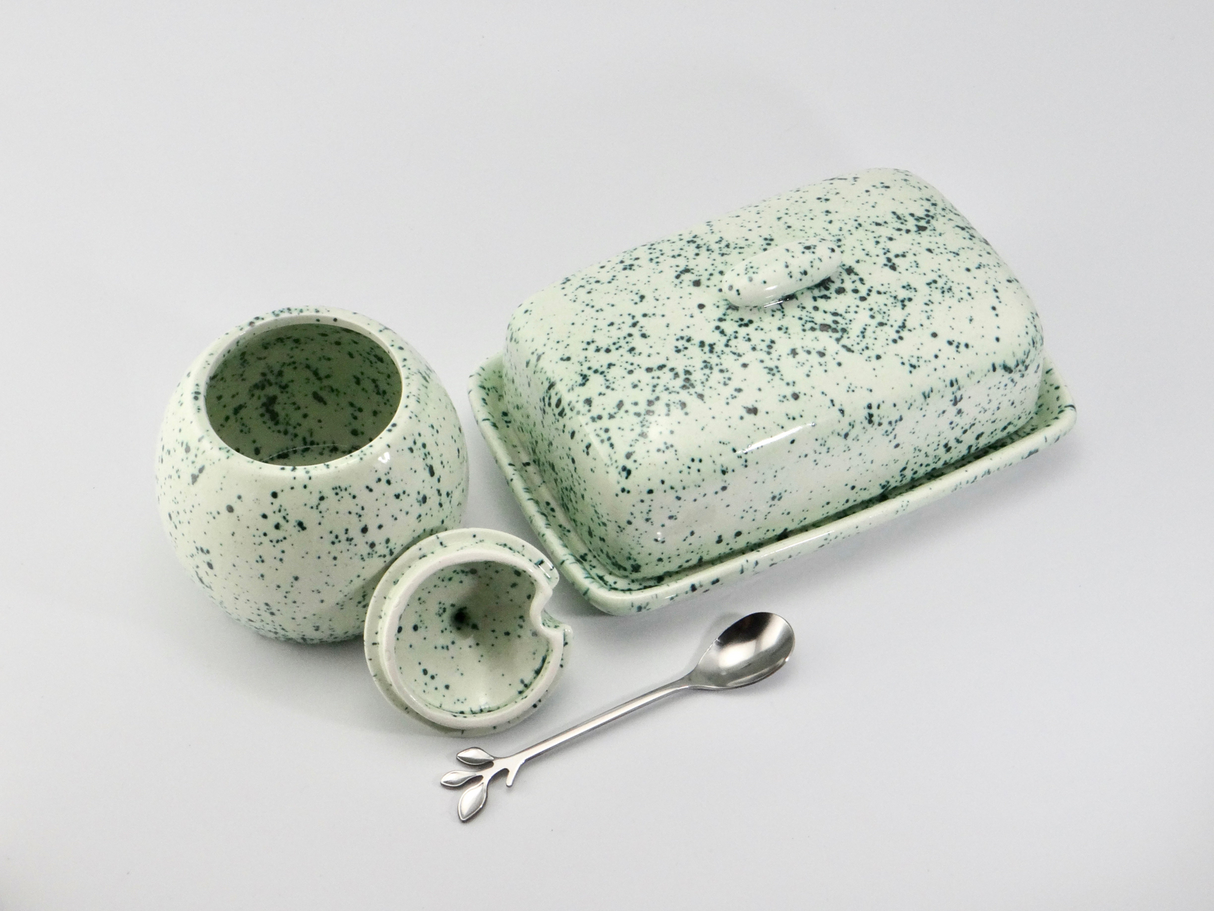 Butter Dish and Sugar Bowl set Speckled Green