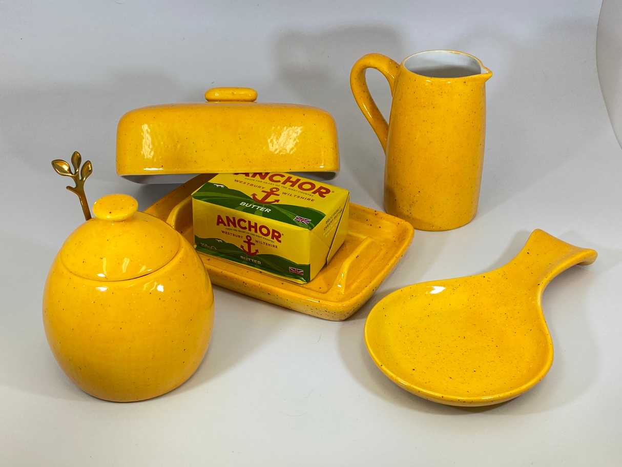 Butter Dish, Sugar Bowl, Spoon Rest and Milk Jug Set - Speckled Yellow