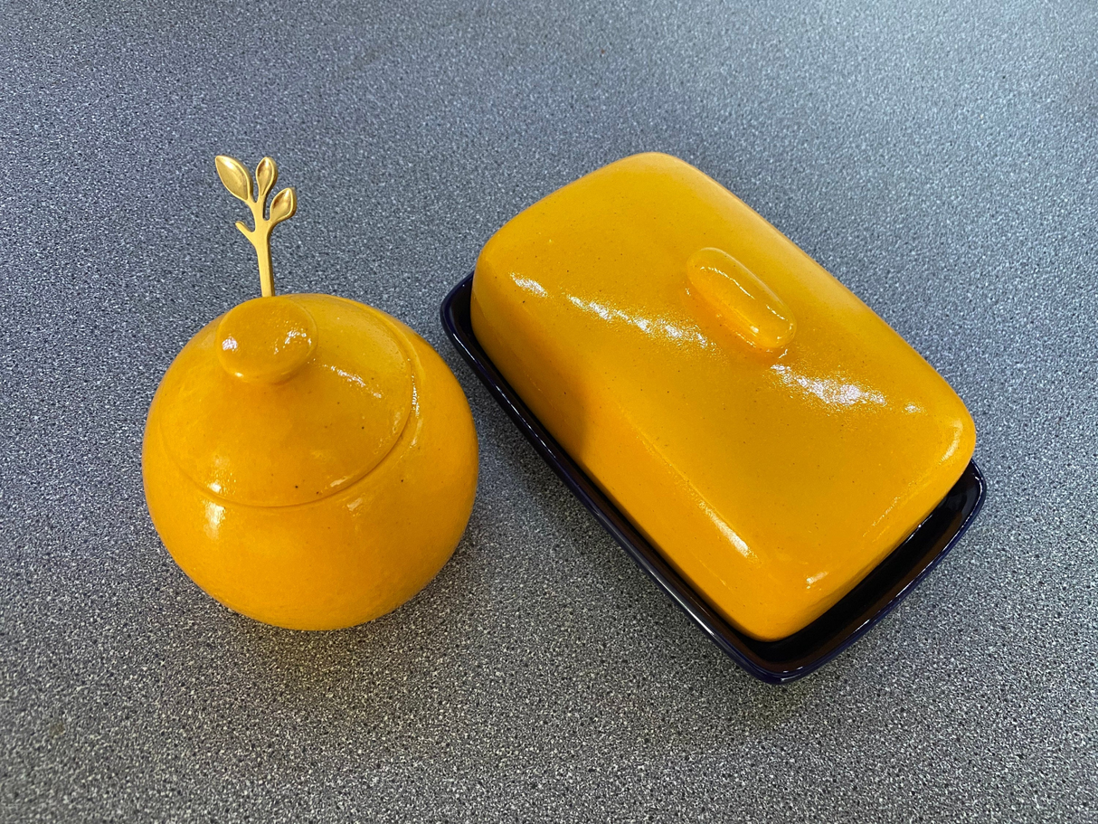 Butter Dish, Sugar Bowl, Spoon Rest and Milk Jug Set - Speckled Yellow