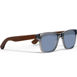 Walnut wood classic style sunglasses with semi-transparent grey frame and silver mirrored polarized lenses