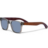 Walnut wood classic style sunglasses with semi-transparent grey frame and silver mirrored polarized lenses