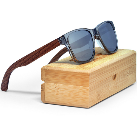 Walnut wood classic style sunglasses with semi-transparent grey frame and silver mirrored polarized lenses