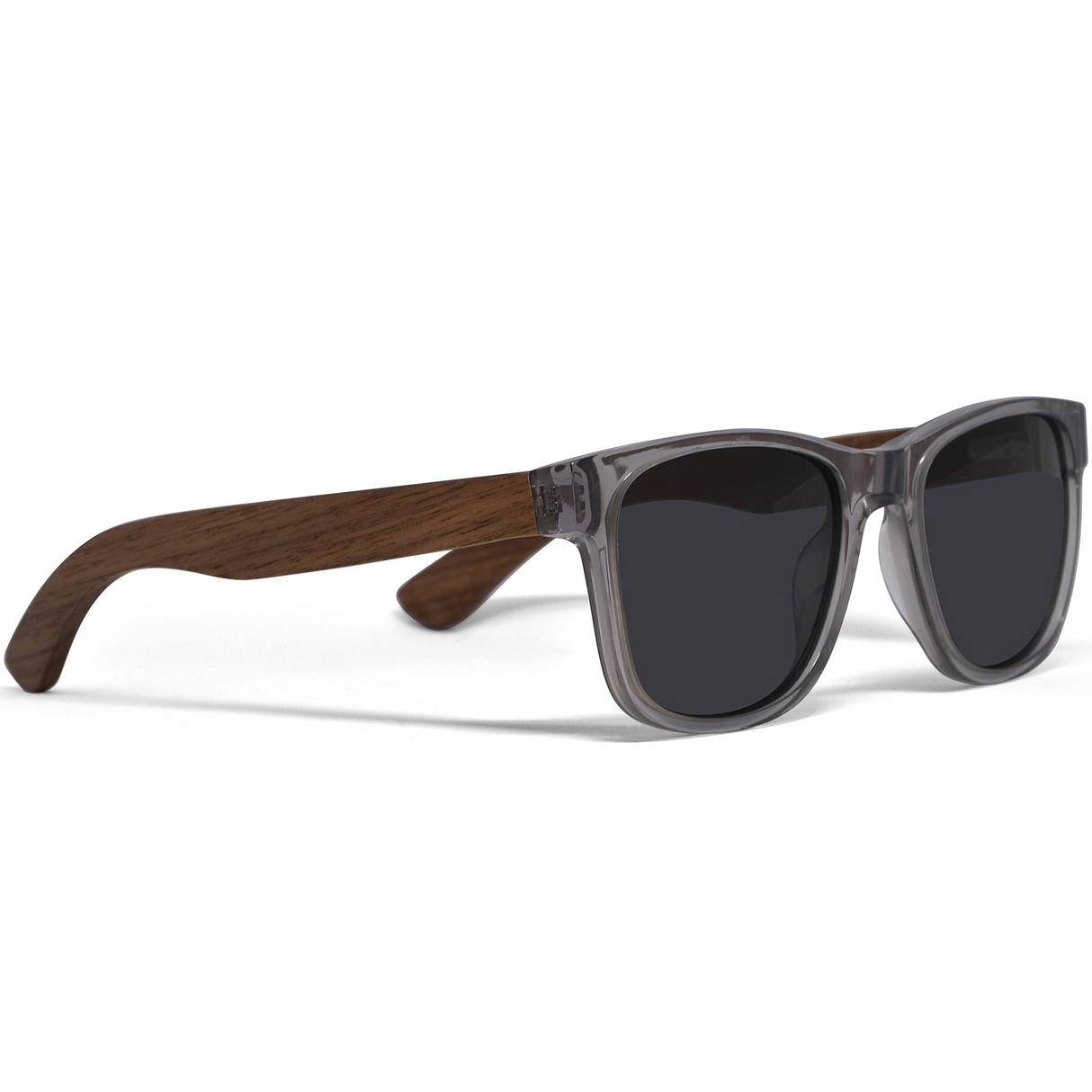 Walnut wood classic style sunglasses with semi-transparent grey frame and black polarized lenses