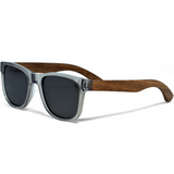 Walnut wood classic style sunglasses with semi-transparent grey frame and black polarized lenses