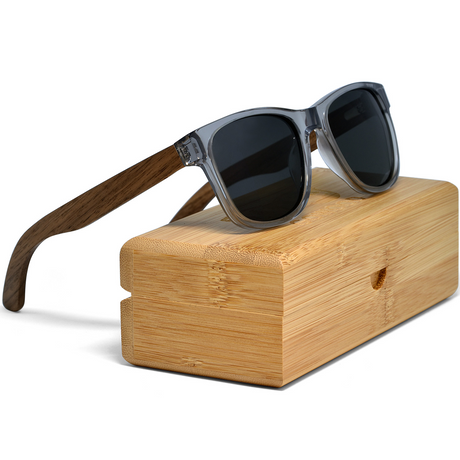 Walnut wood classic style sunglasses with semi-transparent grey frame and black polarized lenses