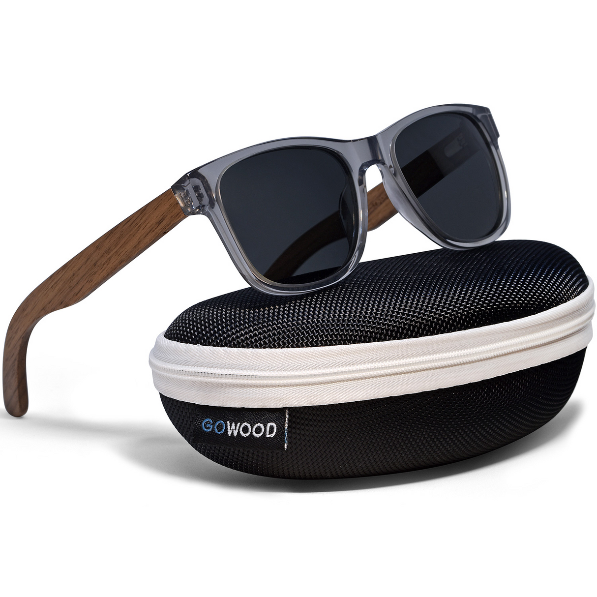 Walnut wood classic style sunglasses with semi-transparent grey frame and black polarized lenses