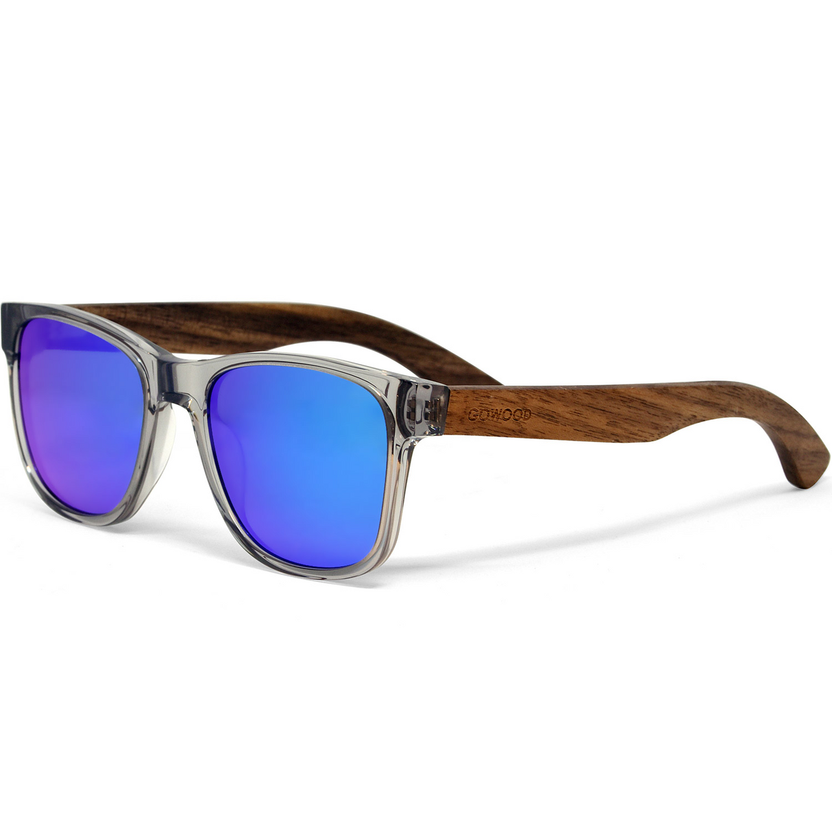 Walnut wood classic style sunglasses with semi-transparent grey frame and blue mirrored polarized lenses