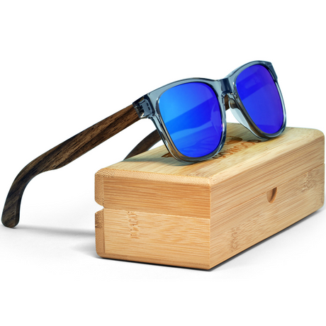 Walnut wood classic style sunglasses with semi-transparent grey frame and blue mirrored polarized lenses