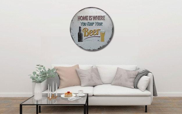 Home Is Where You Keep Your Beer Round Embossed Metal Tin Sign Poster