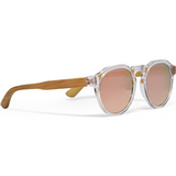 Bamboo wood panto sunglasses with clear transparent frame and pink mirrored polarized lenses