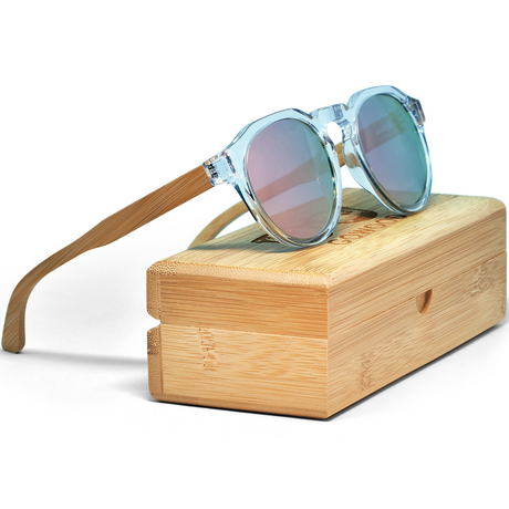 Bamboo wood panto sunglasses with clear transparent frame and pink mirrored polarized lenses