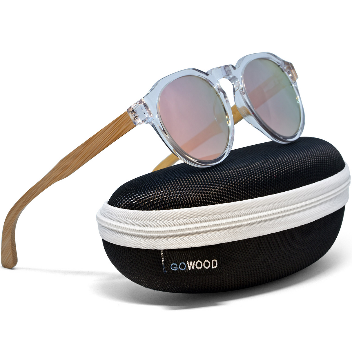 Bamboo wood panto sunglasses with clear transparent frame and pink mirrored polarized lenses