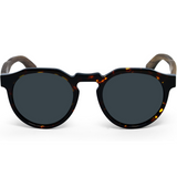 Walnut wood panto sunglasses with tortoise frame and black polarized lenses