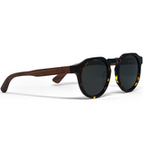 Walnut wood panto sunglasses with tortoise frame and black polarized lenses