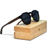 Walnut wood panto sunglasses with tortoise frame and black polarized lenses