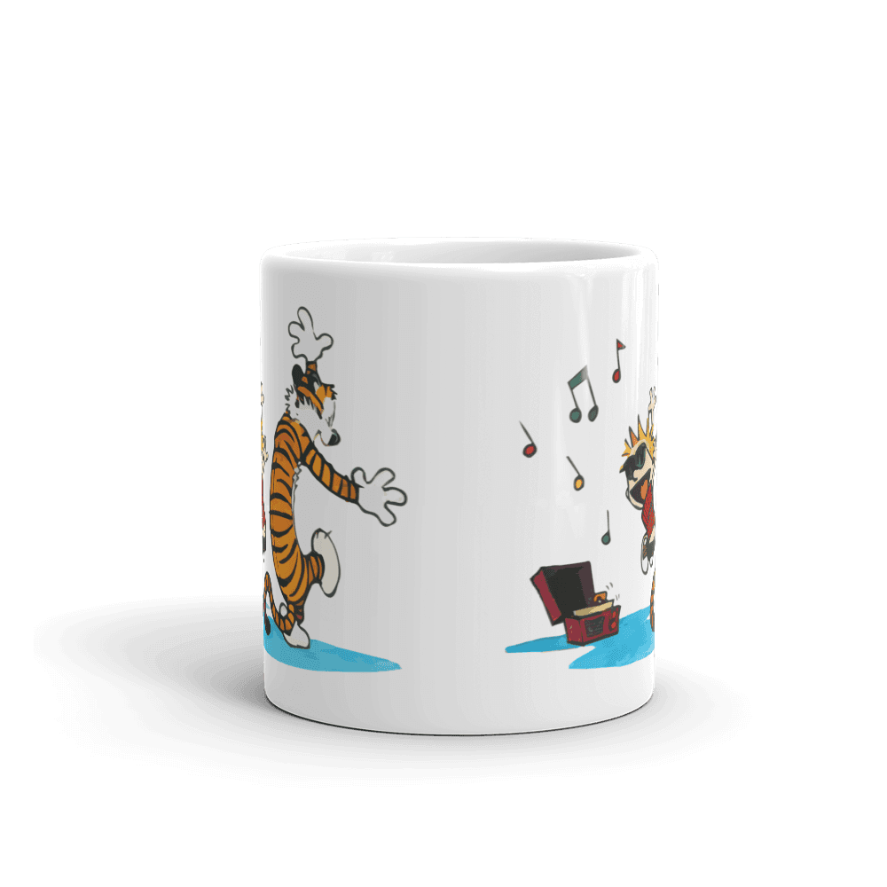 Calvin and Hobbes Dancing with Record Player Mug