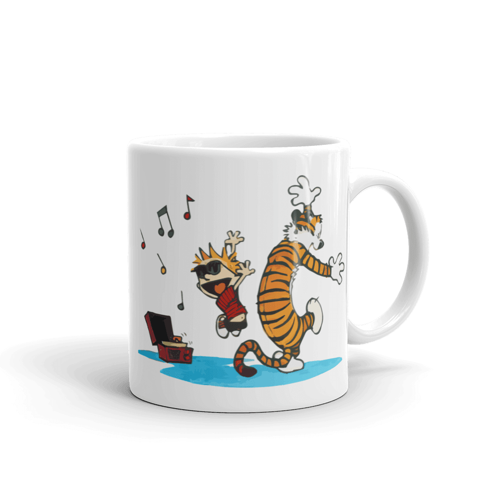 Calvin and Hobbes Dancing with Record Player Mug