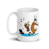 Calvin and Hobbes Dancing with Record Player Mug