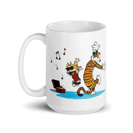 Calvin and Hobbes Dancing with Record Player Mug