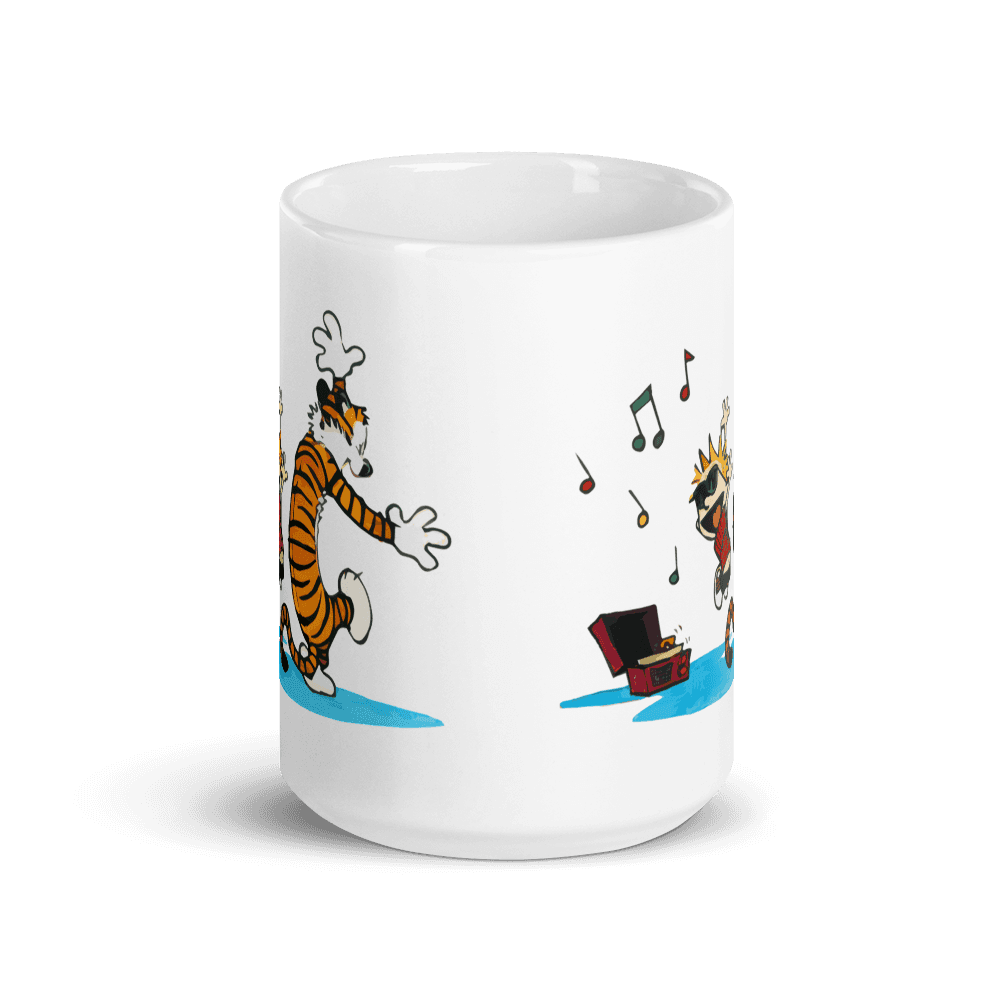 Calvin and Hobbes Dancing with Record Player Mug